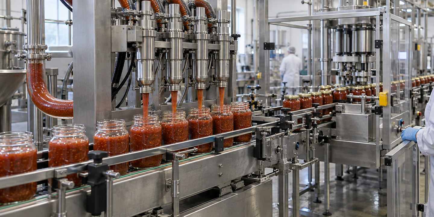 An operating line filling textured sauce into jars, with visible nozzles, conveyor, capping station and guarded operator access.